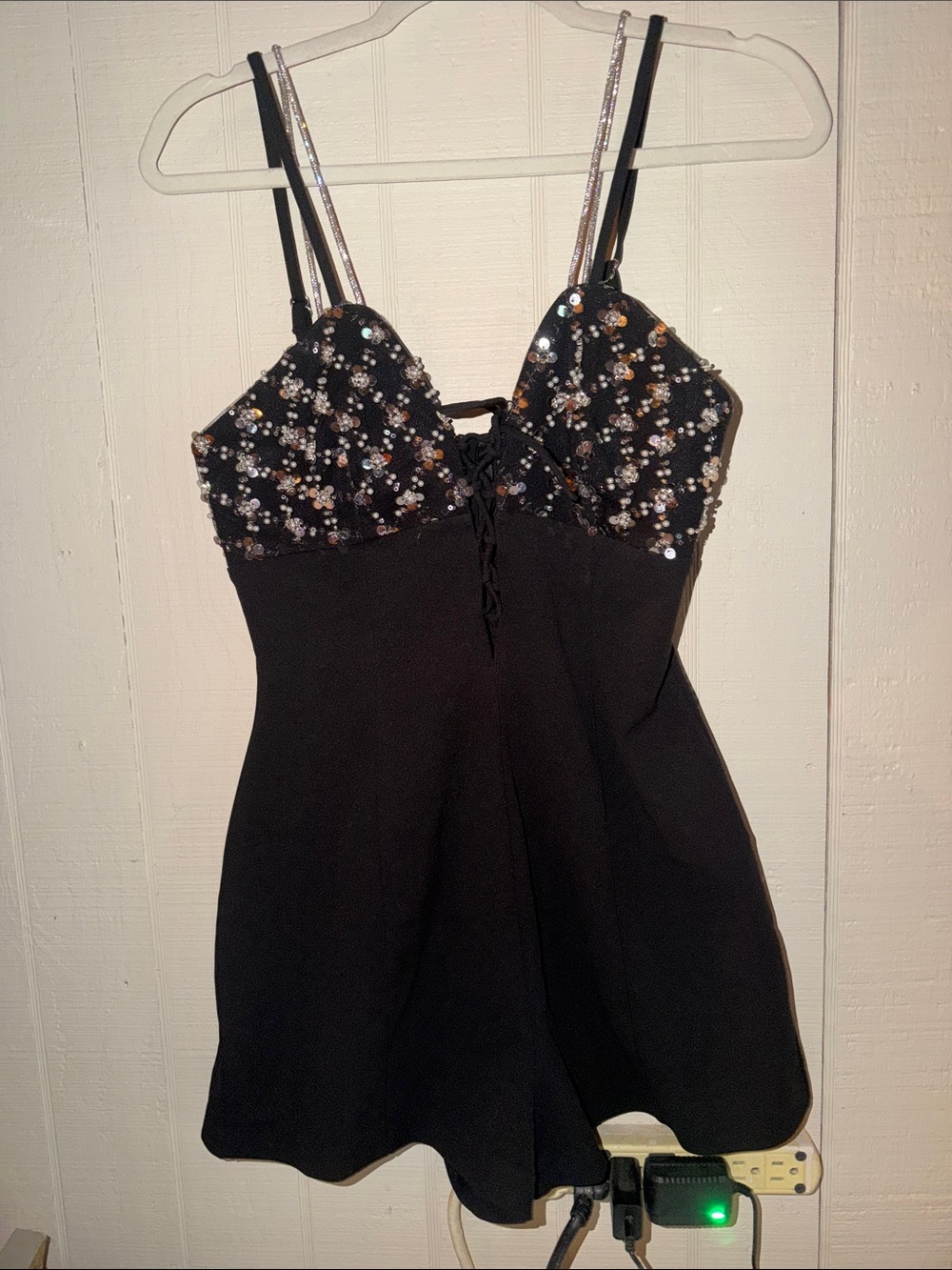 Bebe NWT Black and Silverr Sequin and pearl Mini Romper with Spaghetti Straps